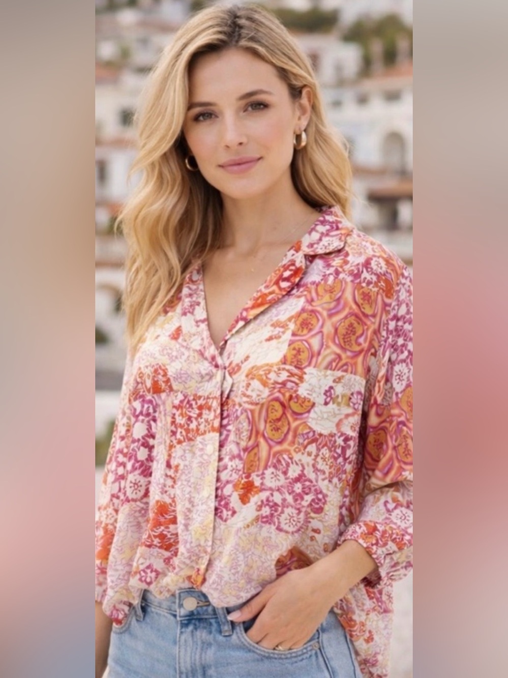 Christian Siriano Pink, Orange & White Patchwork Button-Front Shirt